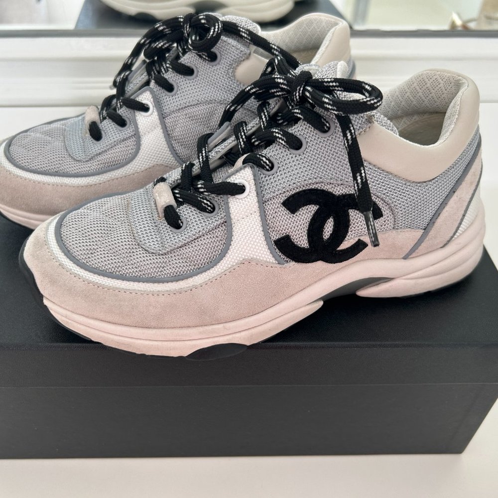 Chanel Grey & Black CC Suede Low Top Sneakers